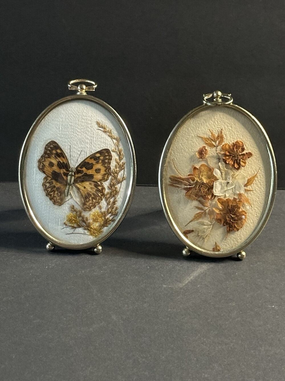 Vintage Gold Tone Oval Botanical Frames Convex Glass Dried Floral Butterfly Pair